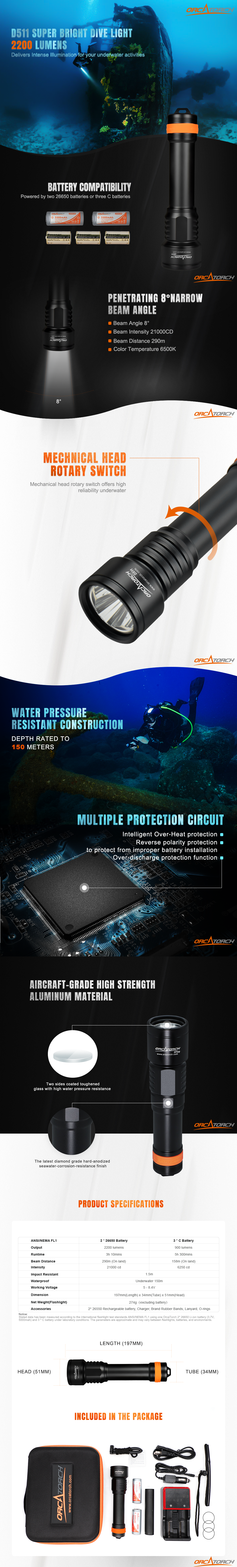 OrcaTorch D511 Primary Dive Torch Max 2200 Lumens for Underwater Activities with Poor Visibility and Night Diving