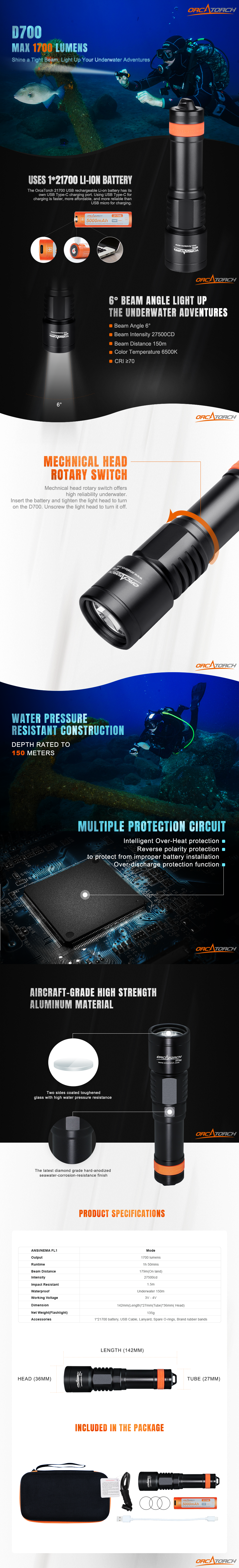 ORCATORCH D700 Scuba Dive Light, 1700 Lumens Mechanical Head Twist Switch, Underwater Flashlight with 6 Degrees Narrow Beam