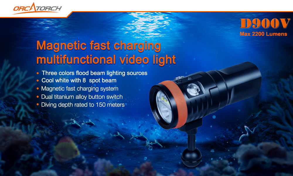 ORCATORCH D900V Diving Video Light with Red UV Neutral White Cool White Light, with Both Flood and Spot Beam, Magnetic Fast Charging, for Fluorescence Diving, Underwater Photography