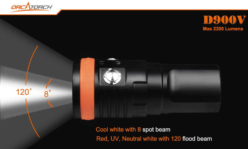 ORCATORCH D900V Diving Video Light with Red UV Neutral White Cool White Light, with Both Flood and Spot Beam, Magnetic Fast Charging, for Fluorescence Diving, Underwater Photography