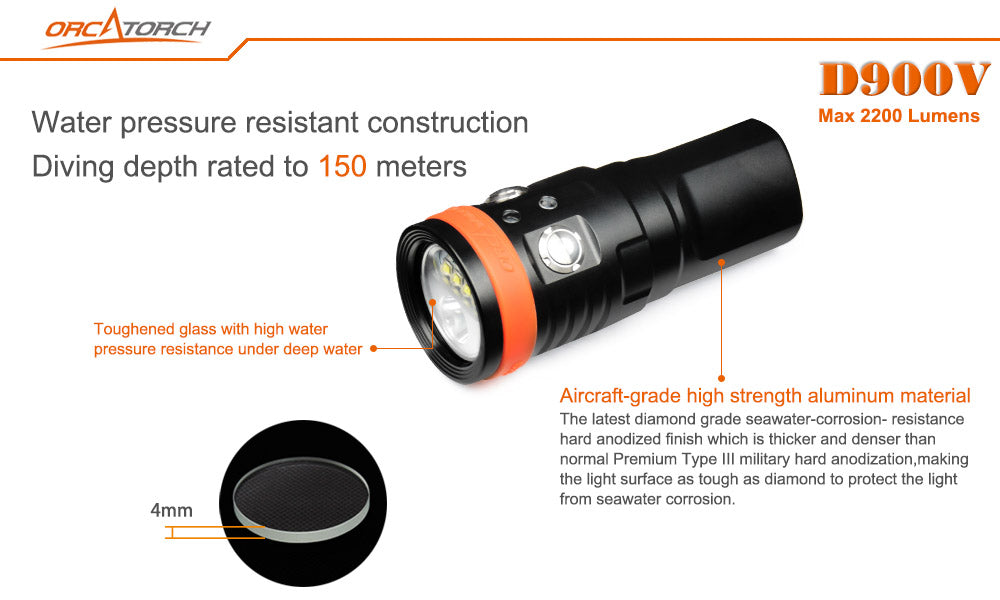 ORCATORCH D900V Diving Video Light with Red UV Neutral White Cool White Light, with Both Flood and Spot Beam, Magnetic Fast Charging, for Fluorescence Diving, Underwater Photography