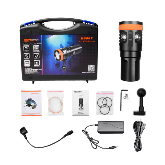 ORCATORCH D900V Diving Video Light with Red UV Neutral White Cool White Light, with Both Flood and Spot Beam, Magnetic Fast Charging, for Fluorescence Diving, Underwater Photography
