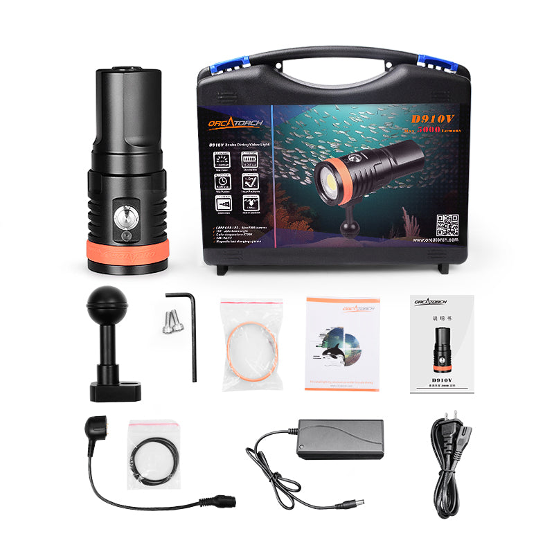 ORCATORCH D910V Scuba Diving Video Light, Max 5000 Lumens 120 Degree Wide Angle Beam Underwater Flashlight
