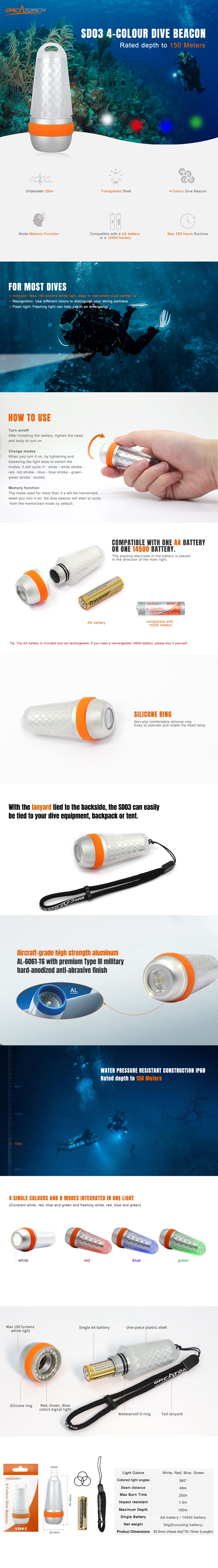 OrcaTorch SD03 Best Multifunctional 4-colour Dive Beacon for Scuba Divers,Night Diving