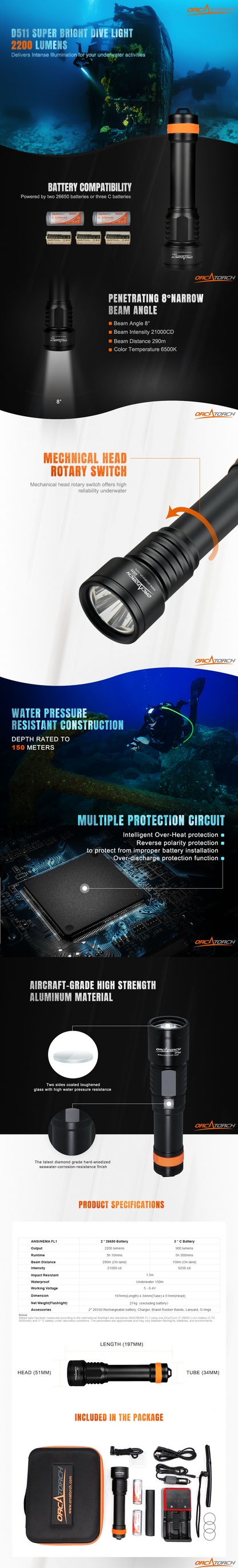 OrcaTorch D511 Primary Dive Torch Max 2200 Lumens for Underwater Activities with Poor Visibility and Night Diving