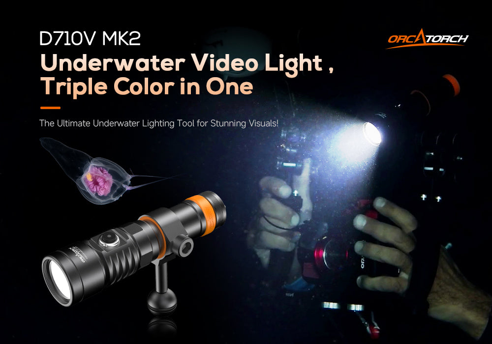 OrcaTorch NEW D710V MK2 Max 2300 Lumens Three-Color Light Source Underwater Video Light and fluorescent diving flashlight