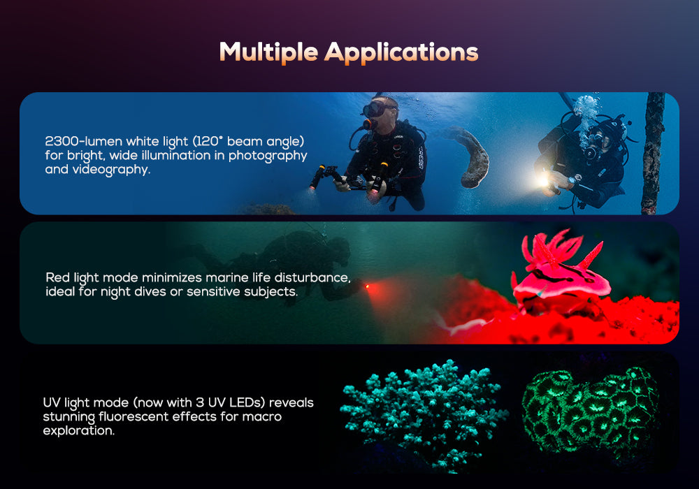 OrcaTorch NEW D710V MK2 Max 2300 Lumens Three-Color Light Source Underwater Video Light and fluorescent diving flashlight