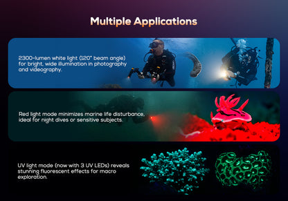 OrcaTorch NEW D710V MK2 Max 2300 Lumens Three-Color Light Source Underwater Video Light and fluorescent diving flashlight