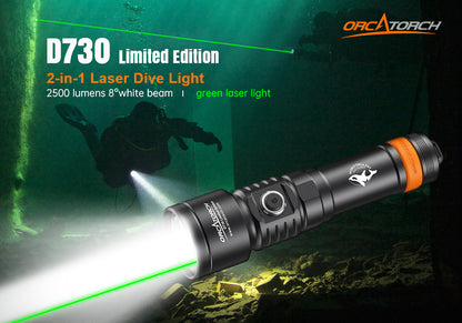 [LIMITED EDITION] OrcaTorch D730 2-in-1 Green Laser Dive Light Max 2500 Lumen, 8° Beam Angle, SOS Function