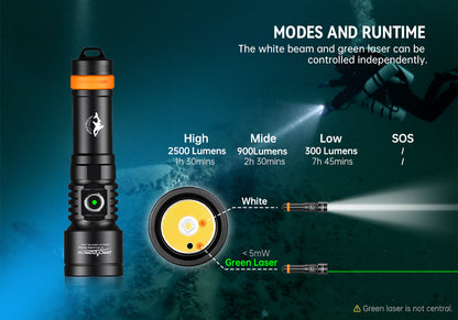 [LIMITED EDITION] OrcaTorch D730 2-in-1 Green Laser Dive Light Max 2500 Lumen, 8° Beam Angle, SOS Function