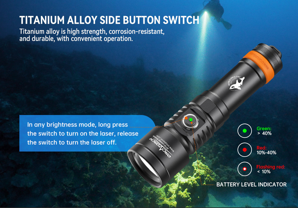 [LIMITED EDITION] OrcaTorch D730 2-in-1 Green Laser Dive Light Max 2500 Lumen, 8° Beam Angle, SOS Function